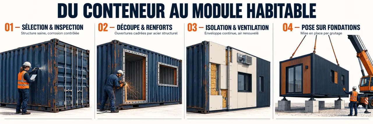 Construire une maison écologique avec des conteneurs maritimes recyclés, de la transformation à la pose