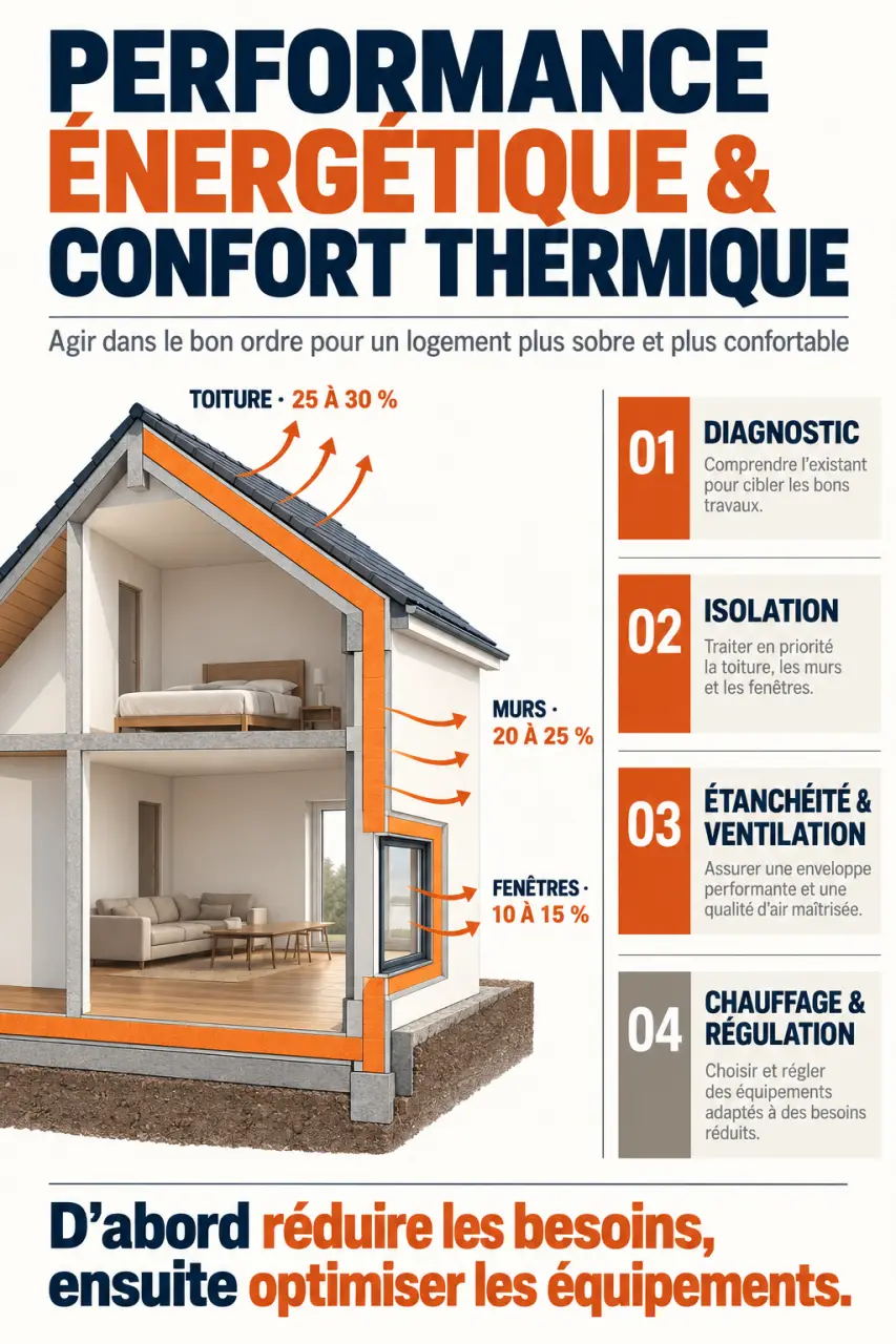 Infographie sur l’optimisation de la performance énergétique et du confort thermique d’un logement